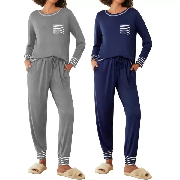 imageEkouaer 2 Pack Womens Pajama Sets Long Sleeve Lounge Sets Soft Pj Sleepwear LoungewearNavy BlueGrey