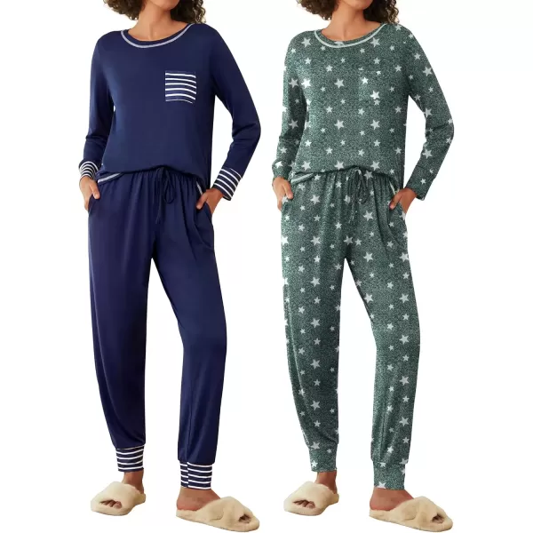 imageEkouaer 2 Pack Womens Pajama Sets Long Sleeve Lounge Sets Soft Pj Sleepwear LoungewearNavy BlueGrey Star