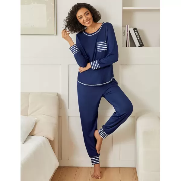 imageEkouaer 2 Pack Womens Pajama Sets Long Sleeve Lounge Sets Soft Pj Sleepwear LoungewearNavy BlueGrey Star