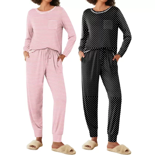 imageEkouaer 2 Pack Womens Pajama Sets Long Sleeve Lounge Sets Soft Pj Sleepwear LoungewearPink StripeBlack Dots