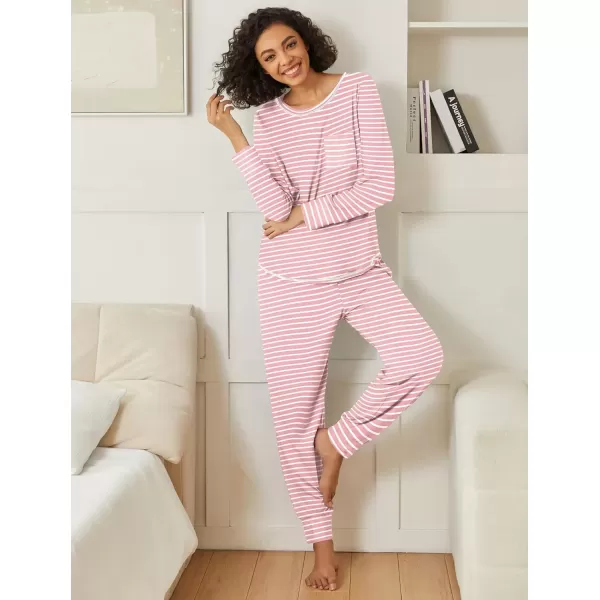 imageEkouaer 2 Pack Womens Pajama Sets Long Sleeve Lounge Sets Soft Pj Sleepwear LoungewearPink StripeBlack Dots