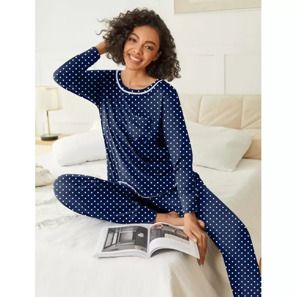 imageEkouaer 2 Pack Womens Pajama Sets Long Sleeve Lounge Sets Soft Pj Sleepwear LoungewearRed StripeNavy Dots