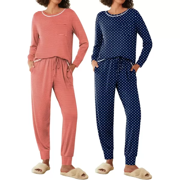 imageEkouaer 2 Pack Womens Pajama Sets Long Sleeve Lounge Sets Soft Pj Sleepwear LoungewearRed StripeNavy Dots