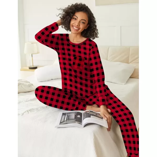 imageEkouaer 2 Pack Womens Pajama Sets Long Sleeve Lounge Sets Soft Pj Sleepwear LoungewearWine RedRedblack Plaid