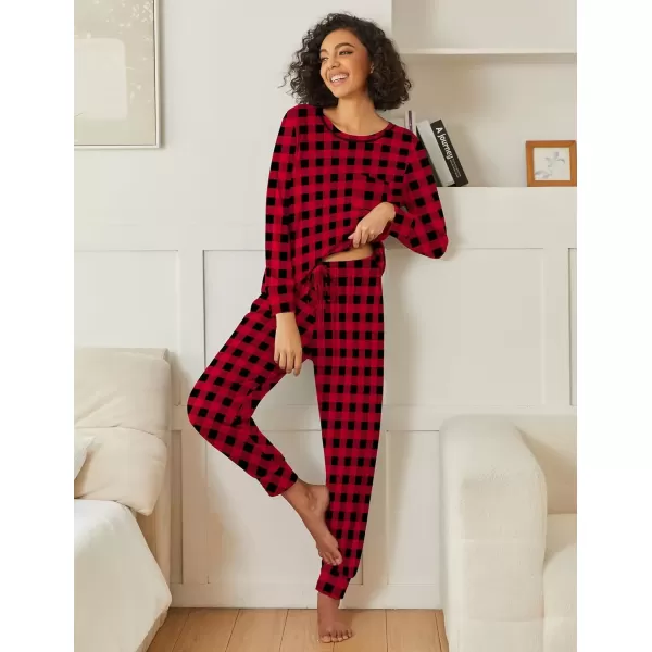 imageEkouaer 2 Pack Womens Pajama Sets Long Sleeve Lounge Sets Soft Pj Sleepwear LoungewearWine RedRedblack Plaid