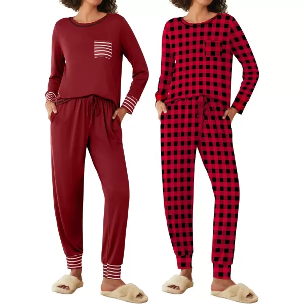 imageEkouaer 2 Pack Womens Pajama Sets Long Sleeve Lounge Sets Soft Pj Sleepwear LoungewearWine RedRedblack Plaid