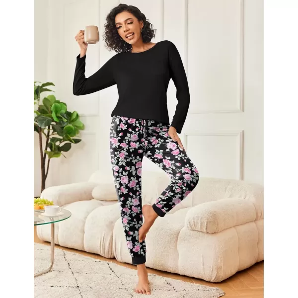 imageEkouaer 2 Pack Womens Pajamas Set Long Sleeve Sleepwear Top and Jogger Pants Lounge Sets Cozy Pjs Loungewear SXXLBlack Floralwine Floral