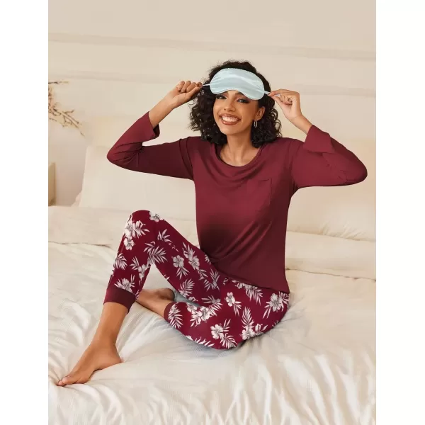 imageEkouaer 2 Pack Womens Pajamas Set Long Sleeve Sleepwear Top and Jogger Pants Lounge Sets Cozy Pjs Loungewear SXXLBlack Floralwine Floral