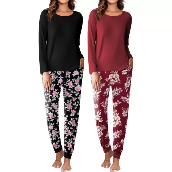 imageEkouaer 2 Pack Womens Pajamas Set Long Sleeve Sleepwear Top and Jogger Pants Lounge Sets Cozy Pjs Loungewear SXXLBlack Floralwine Floral