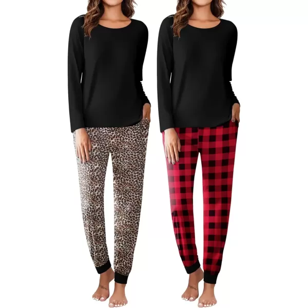 imageEkouaer 2 Pack Womens Pajamas Set Long Sleeve Sleepwear Top and Jogger Pants Lounge Sets Cozy Pjs Loungewear SXXLBlack Red Plaidleopard