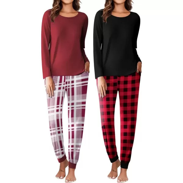 imageEkouaer 2 Pack Womens Pajamas Set Long Sleeve Sleepwear Top and Jogger Pants Lounge Sets Cozy Pjs Loungewear SXXLBlack Red Plaidwine Plaid