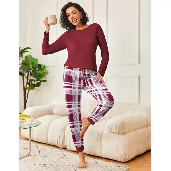 imageEkouaer 2 Pack Womens Pajamas Set Long Sleeve Sleepwear Top and Jogger Pants Lounge Sets Cozy Pjs Loungewear SXXLBlack Red Plaidwine Plaid