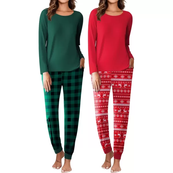 imageEkouaer 2 Pack Womens Pajamas Set Long Sleeve Sleepwear Top and Jogger Pants Lounge Sets Cozy Pjs Loungewear SXXLDark Green Plaidchristmas Red