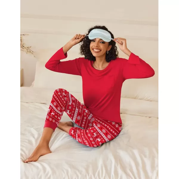 imageEkouaer 2 Pack Womens Pajamas Set Long Sleeve Sleepwear Top and Jogger Pants Lounge Sets Cozy Pjs Loungewear SXXLDark Green Plaidchristmas Red