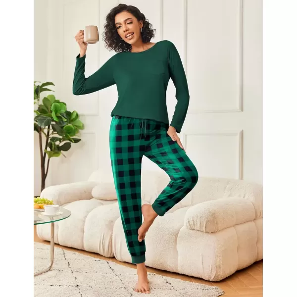 imageEkouaer 2 Pack Womens Pajamas Set Long Sleeve Sleepwear Top and Jogger Pants Lounge Sets Cozy Pjs Loungewear SXXLDark Green Plaidchristmas Red