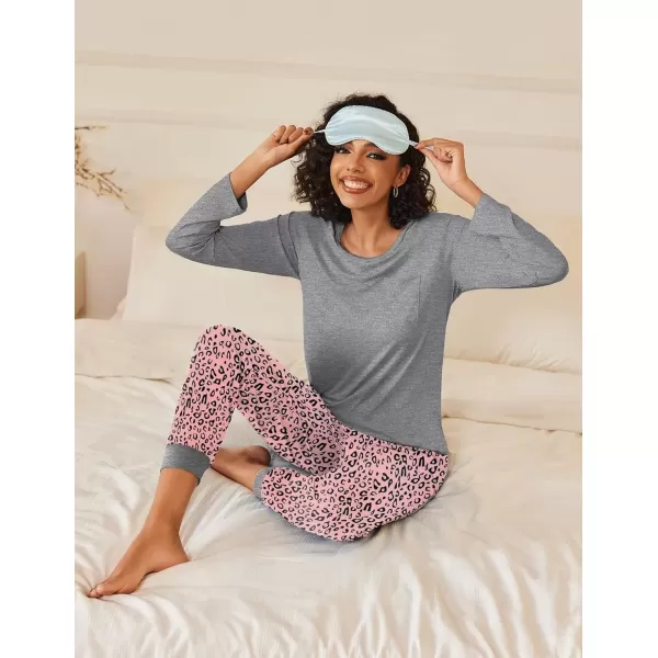 imageEkouaer 2 Pack Womens Pajamas Set Long Sleeve Sleepwear Top and Jogger Pants Lounge Sets Cozy Pjs Loungewear SXXLGrey Pink Leopardlight Blue Paisley