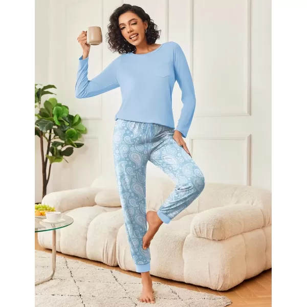 imageEkouaer 2 Pack Womens Pajamas Set Long Sleeve Sleepwear Top and Jogger Pants Lounge Sets Cozy Pjs Loungewear SXXLGrey Pink Leopardlight Blue Paisley