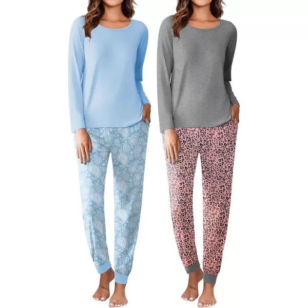 imageEkouaer 2 Pack Womens Pajamas Set Long Sleeve Sleepwear Top and Jogger Pants Lounge Sets Cozy Pjs Loungewear SXXLGrey Pink Leopardlight Blue Paisley