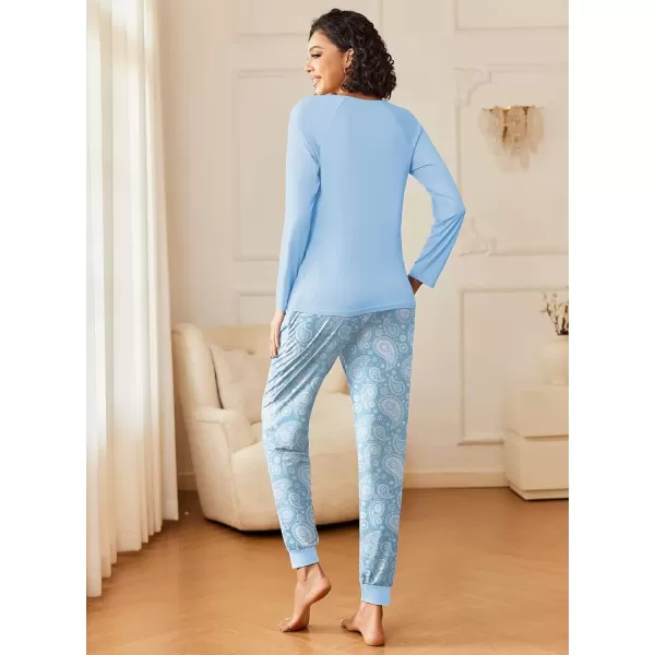 imageEkouaer 2 Pack Womens Pajamas Set Long Sleeve Sleepwear Top and Jogger Pants Lounge Sets Cozy Pjs Loungewear SXXLGrey Pink Leopardlight Blue Paisley