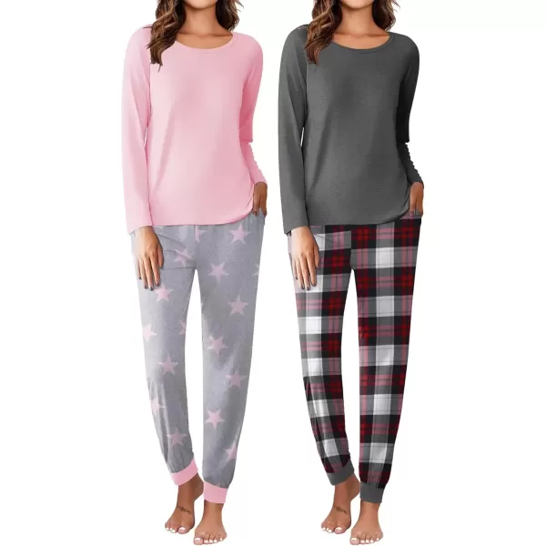 imageEkouaer 2 Pack Womens Pajamas Set Long Sleeve Sleepwear Top and Jogger Pants Lounge Sets Cozy Pjs Loungewear SXXLLight Grey Starsnavy Plaid