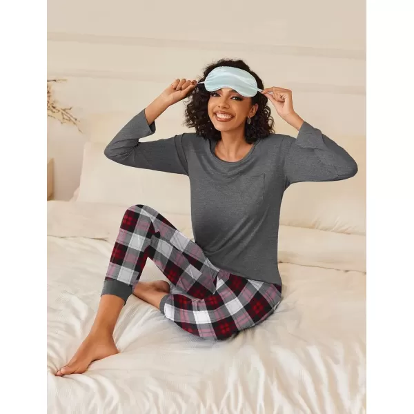 imageEkouaer 2 Pack Womens Pajamas Set Long Sleeve Sleepwear Top and Jogger Pants Lounge Sets Cozy Pjs Loungewear SXXLLight Grey Starsnavy Plaid