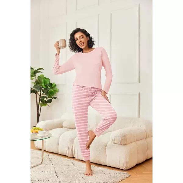 imageEkouaer 2 Pack Womens Pajamas Set Long Sleeve Sleepwear Top and Jogger Pants Lounge Sets Cozy Pjs Loungewear SXXLNavy Dotslight Pink Striped