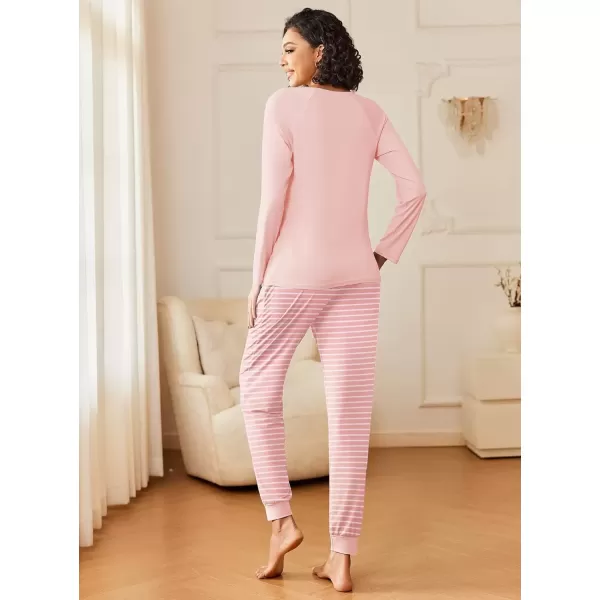 imageEkouaer 2 Pack Womens Pajamas Set Long Sleeve Sleepwear Top and Jogger Pants Lounge Sets Cozy Pjs Loungewear SXXLNavy Dotslight Pink Striped