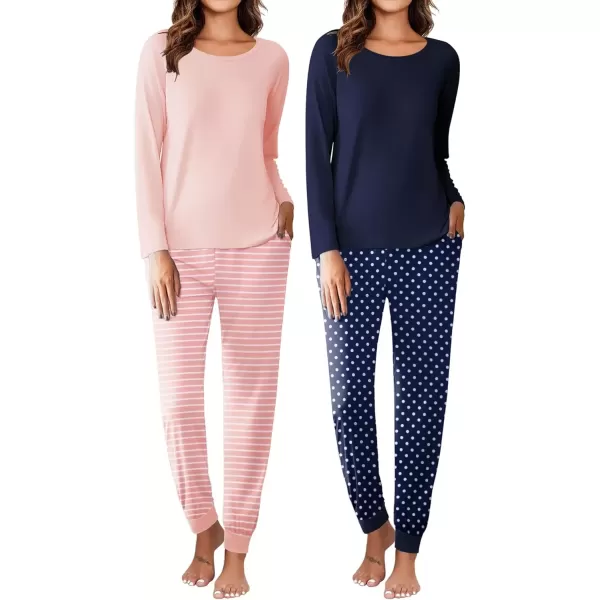 imageEkouaer 2 Pack Womens Pajamas Set Long Sleeve Sleepwear Top and Jogger Pants Lounge Sets Cozy Pjs Loungewear SXXLNavy Dotslight Pink Striped