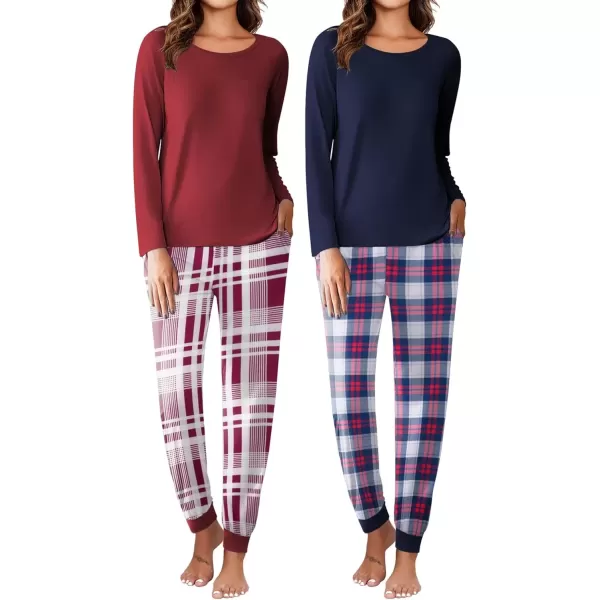 imageEkouaer 2 Pack Womens Pajamas Set Long Sleeve Sleepwear Top and Jogger Pants Lounge Sets Cozy Pjs Loungewear SXXLNavy Plaidwine Plaid