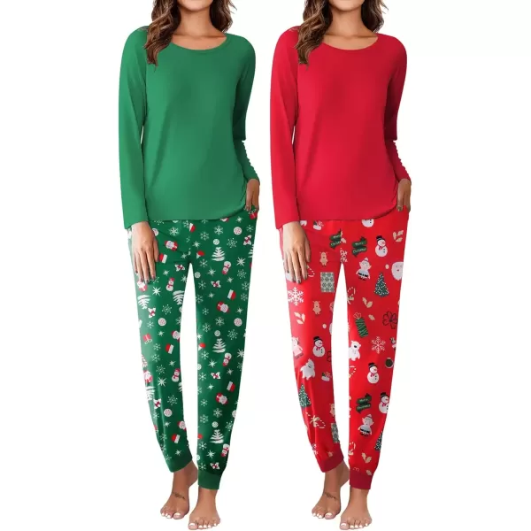 imageEkouaer 2 Pack Womens Pajamas Set Long Sleeve Sleepwear Top and Jogger Pants Lounge Sets Cozy Pjs Loungewear SXXLXmas Redxmas Green