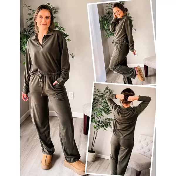 imageEkouaer Lounge Sets for Women 2 Piece Outfits 2024 Long Sleeve Top with Pants Sweatsuit Tracksuit SXXLArmy Green