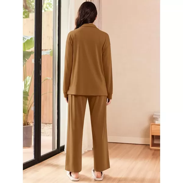 imageEkouaer Lounge Sets for Women 2 Piece Outfits 2024 Long Sleeve Top with Pants Sweatsuit Tracksuit SXXLLight Brown