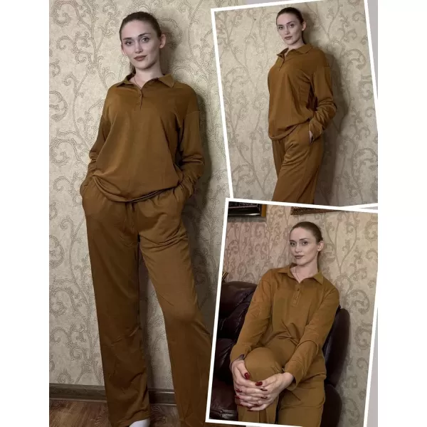 imageEkouaer Lounge Sets for Women 2 Piece Outfits 2024 Long Sleeve Top with Pants Sweatsuit Tracksuit SXXLLight Brown