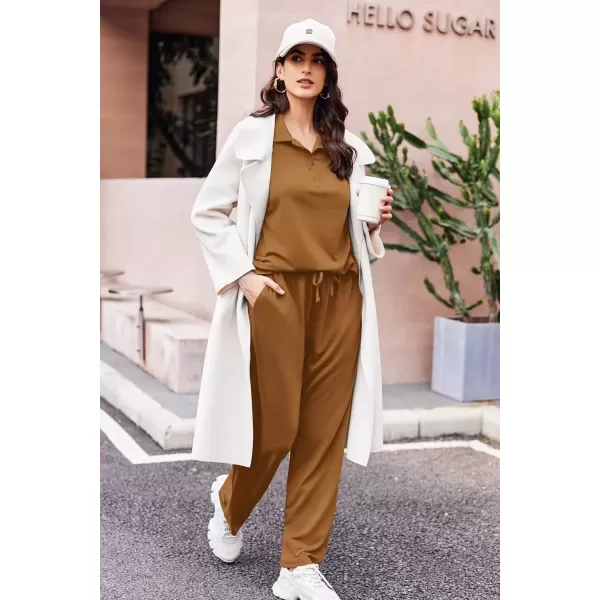 imageEkouaer Lounge Sets for Women 2 Piece Outfits 2024 Long Sleeve Top with Pants Sweatsuit Tracksuit SXXLLight Brown