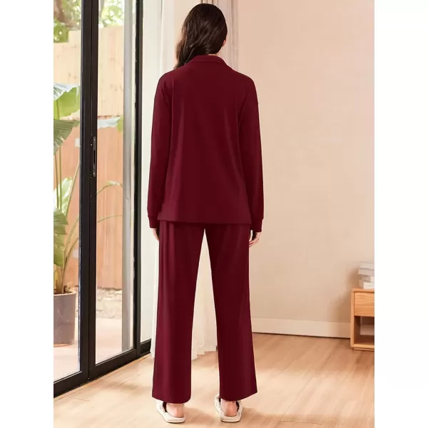 imageEkouaer Lounge Sets for Women 2 Piece Outfits 2024 Long Sleeve Top with Pants Sweatsuit Tracksuit SXXLWine Red