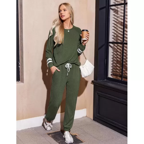 imageEkouaer Lounge Sets for Women Ribbed Knit Outfits Pajamas Sets 2 Piece Long Sleeve Sweatsuits with PocketsArmy Green