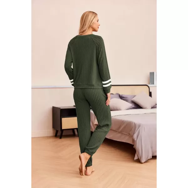 imageEkouaer Lounge Sets for Women Ribbed Knit Outfits Pajamas Sets 2 Piece Long Sleeve Sweatsuits with PocketsArmy Green