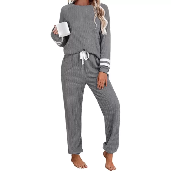 imageEkouaer Lounge Sets for Women Ribbed Knit Outfits Pajamas Sets 2 Piece Long Sleeve Sweatsuits with PocketsDark Grey