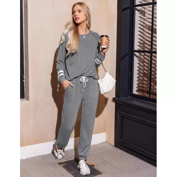 imageEkouaer Lounge Sets for Women Ribbed Knit Outfits Pajamas Sets 2 Piece Long Sleeve Sweatsuits with PocketsDark Grey
