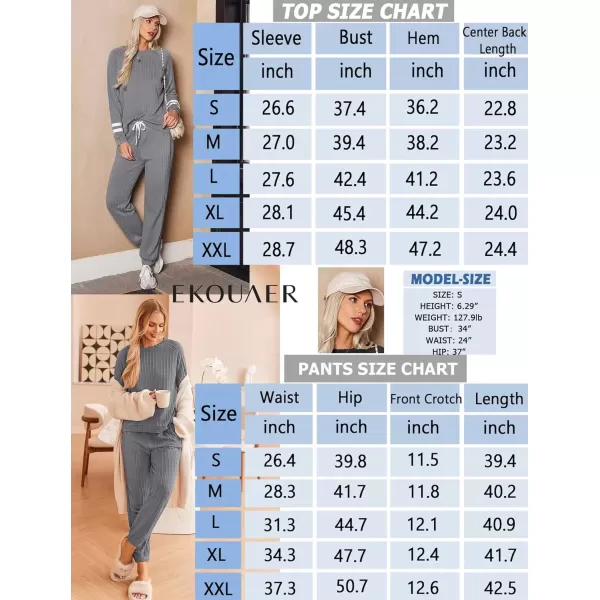imageEkouaer Lounge Sets for Women Ribbed Knit Outfits Pajamas Sets 2 Piece Long Sleeve Sweatsuits with PocketsDark Grey
