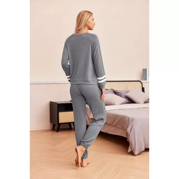imageEkouaer Lounge Sets for Women Ribbed Knit Outfits Pajamas Sets 2 Piece Long Sleeve Sweatsuits with PocketsDark Grey