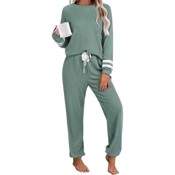 imageEkouaer Lounge Sets for Women Ribbed Knit Outfits Pajamas Sets 2 Piece Long Sleeve Sweatsuits with PocketsGreen