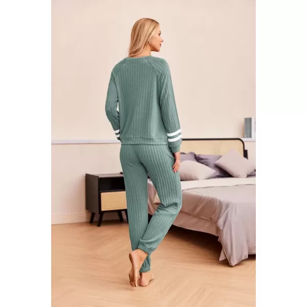 imageEkouaer Lounge Sets for Women Ribbed Knit Outfits Pajamas Sets 2 Piece Long Sleeve Sweatsuits with PocketsGreen