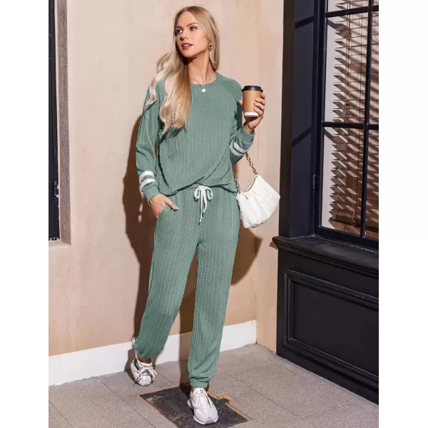 imageEkouaer Lounge Sets for Women Ribbed Knit Outfits Pajamas Sets 2 Piece Long Sleeve Sweatsuits with PocketsGreen