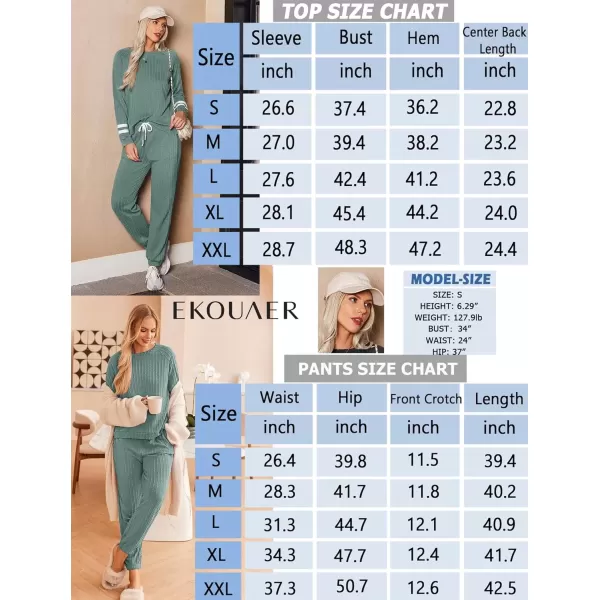 imageEkouaer Lounge Sets for Women Ribbed Knit Outfits Pajamas Sets 2 Piece Long Sleeve Sweatsuits with PocketsGreen