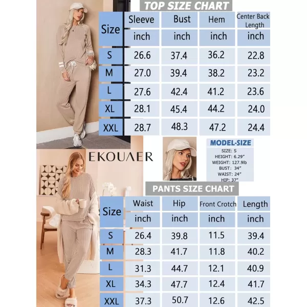 imageEkouaer Lounge Sets for Women Ribbed Knit Outfits Pajamas Sets 2 Piece Long Sleeve Sweatsuits with PocketsKhaki