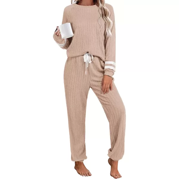 imageEkouaer Lounge Sets for Women Ribbed Knit Outfits Pajamas Sets 2 Piece Long Sleeve Sweatsuits with PocketsKhaki