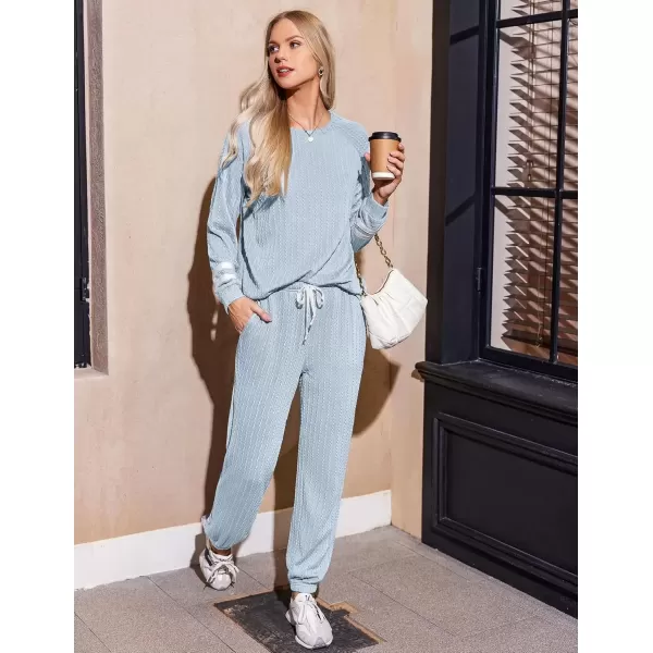 imageEkouaer Lounge Sets for Women Ribbed Knit Outfits Pajamas Sets 2 Piece Long Sleeve Sweatsuits with PocketsLight Blue