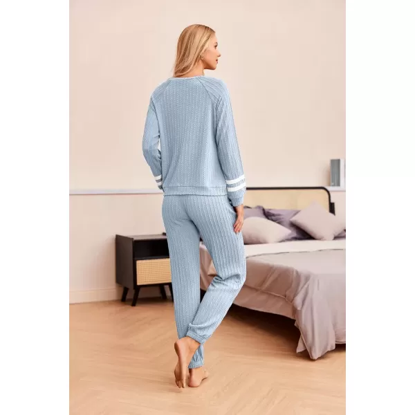 imageEkouaer Lounge Sets for Women Ribbed Knit Outfits Pajamas Sets 2 Piece Long Sleeve Sweatsuits with PocketsLight Blue