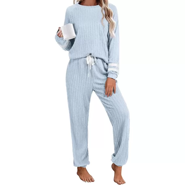 imageEkouaer Lounge Sets for Women Ribbed Knit Outfits Pajamas Sets 2 Piece Long Sleeve Sweatsuits with PocketsLight Blue